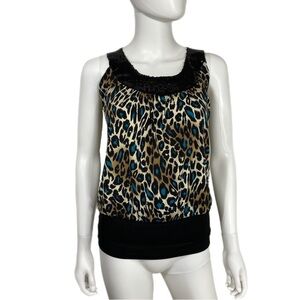 Candy Rain Turquoise Leonard Print Sequin Collar Sleeveless Blouse